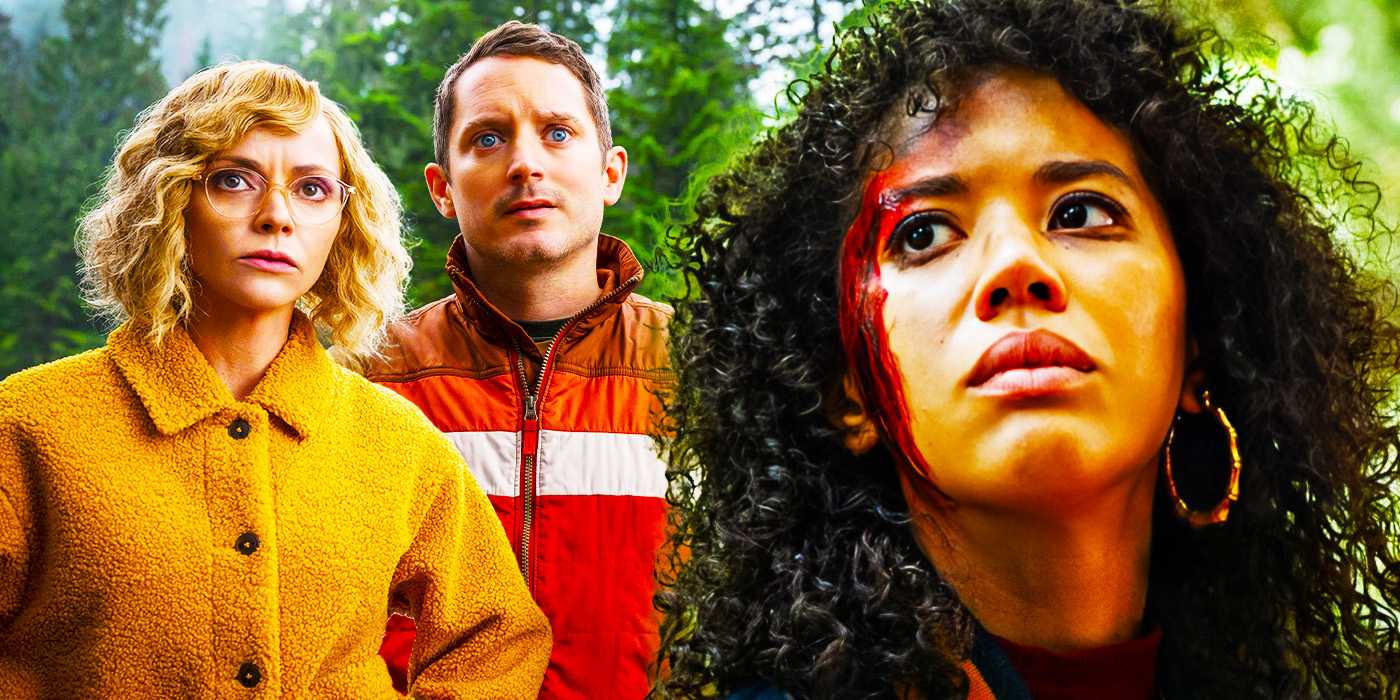 Коллаж с Мисти и Уолтером, смотрящими на Таису, с кровоточащей головой в третьем сезоне "Yellowjackets"