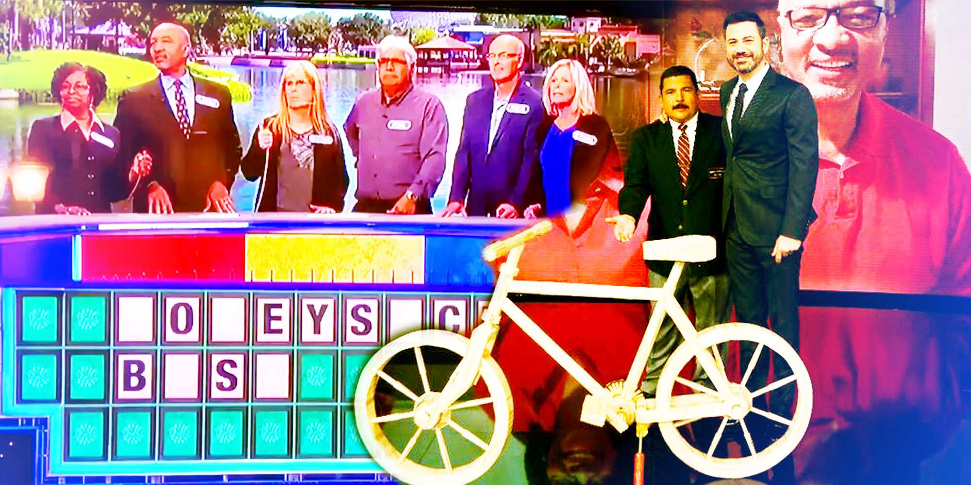 Коллаж с игровым полем Wheel of Fortune в виде велосипеда, участники и Джимми Киммел и Гильермо за велосипедом, сделанным из палочек от мороженого