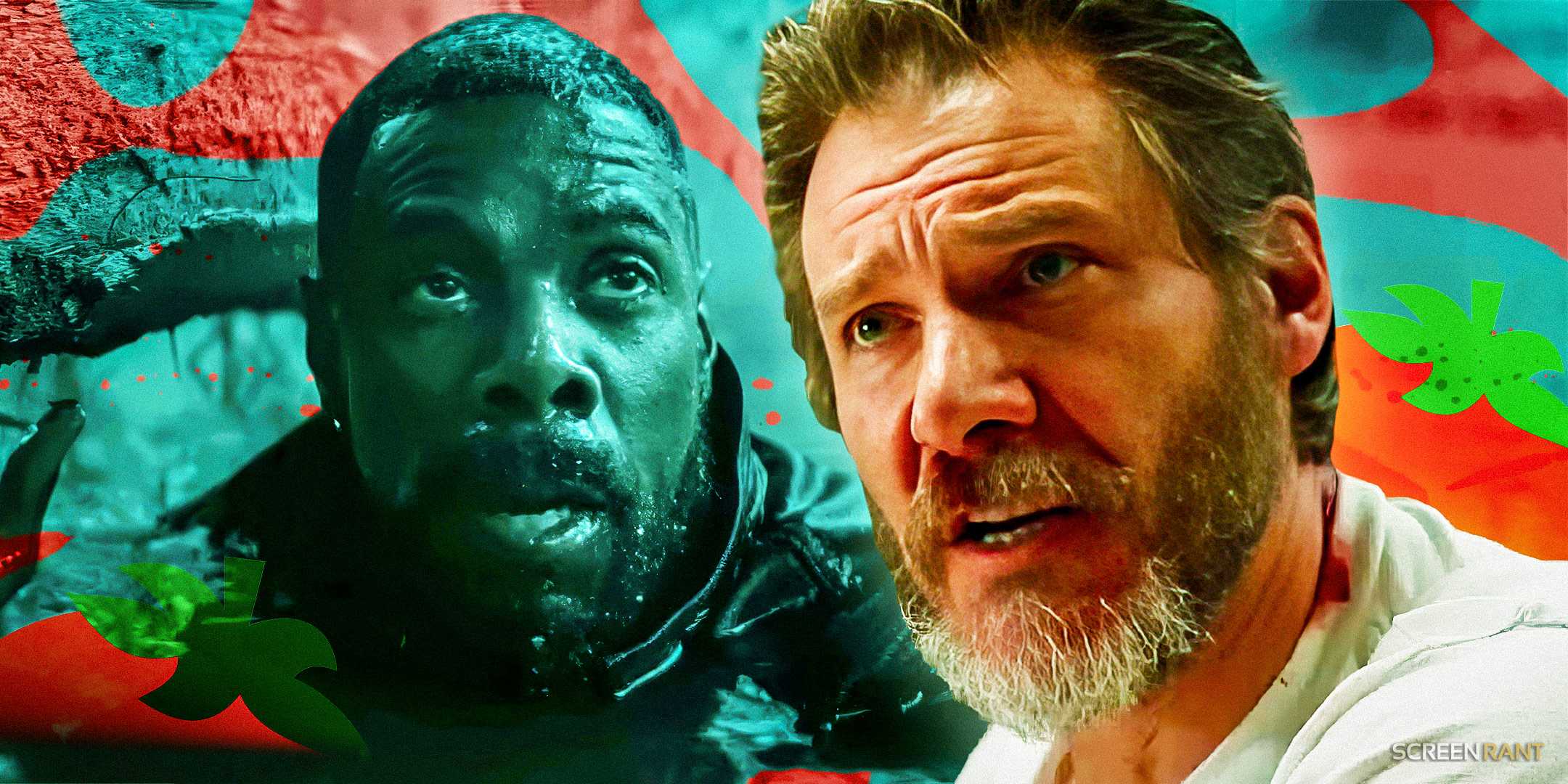 Колман Доминго в роли Манси, прячущегося в болоте, и Гаррисон Форд с бородой в роли Кимбла из фильма «Беглец»