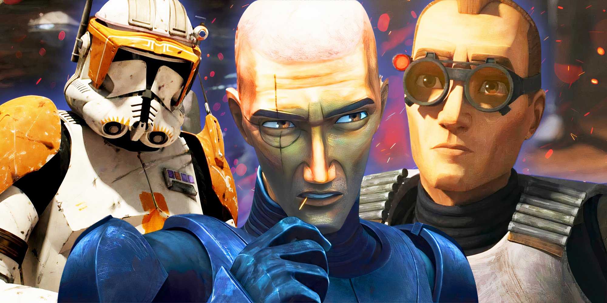 Кроссхейр (Дей Брэдли Бейкер) держит зубочистку во рту в своем имперском броне. На кадре перекрыты Тех, который машет рукой толпе, и командир Коди (Темуэра Моррисон), получающий приказ 66 от Палпатина.