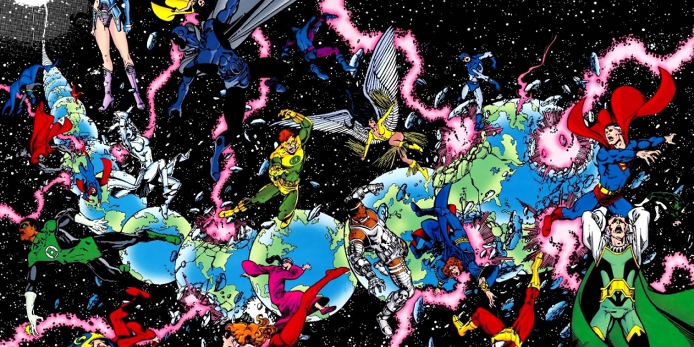Миры разрушаются в комиксах *Crisis on Infinite Earths*.