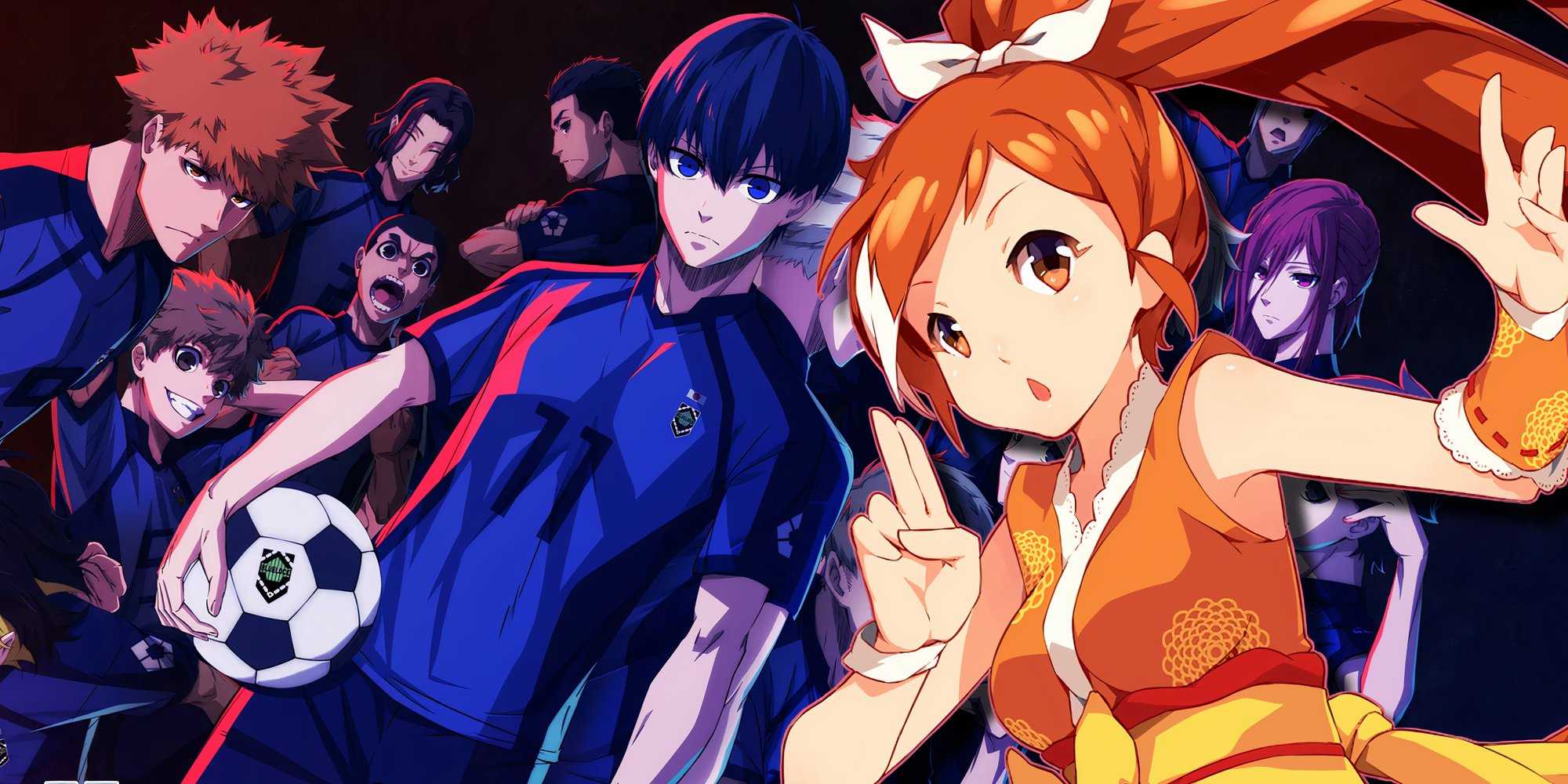 Маскот Crunchyroll Crunchyroll Hime, делающий позу ниндзя с основной командой Blue Lock на заднем плане