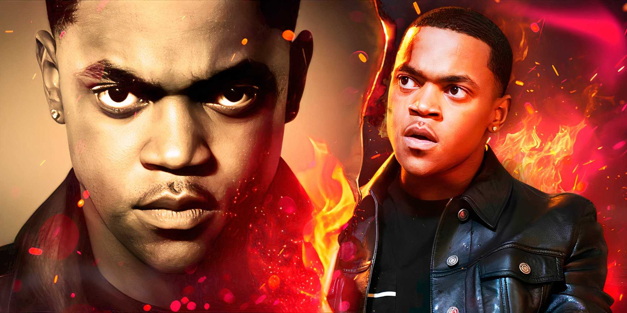 Настраиваемое изображение Майкла Рейни мл. в роли Тарика в франшизе Power с огнем позади него