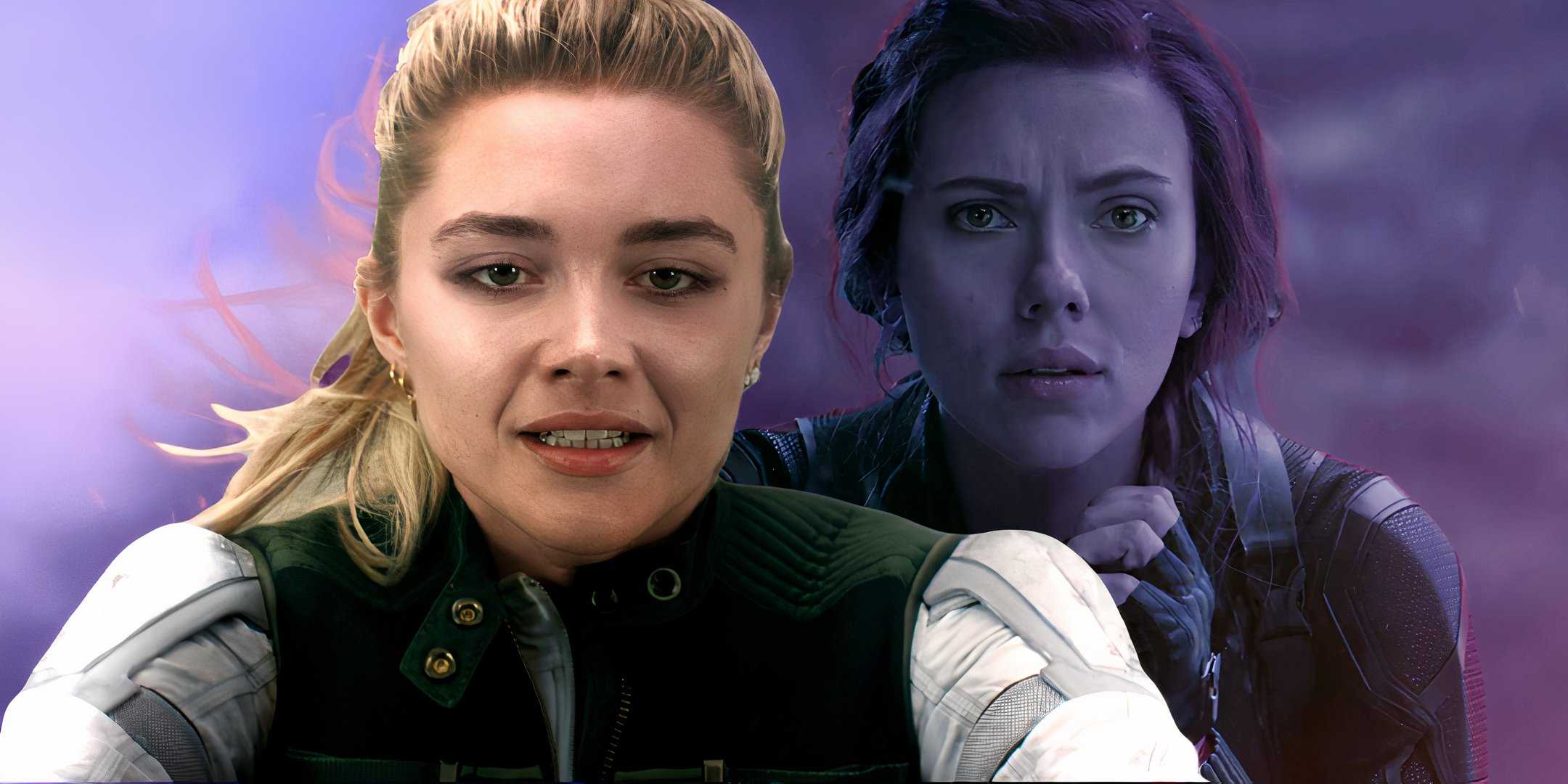 Кастомное изображение Елены Беловой, выглядящей серьезно, в полном цвете, и Натальи Романовой, выглядящей грустно, в темно-фиолетовом цвете позади нее