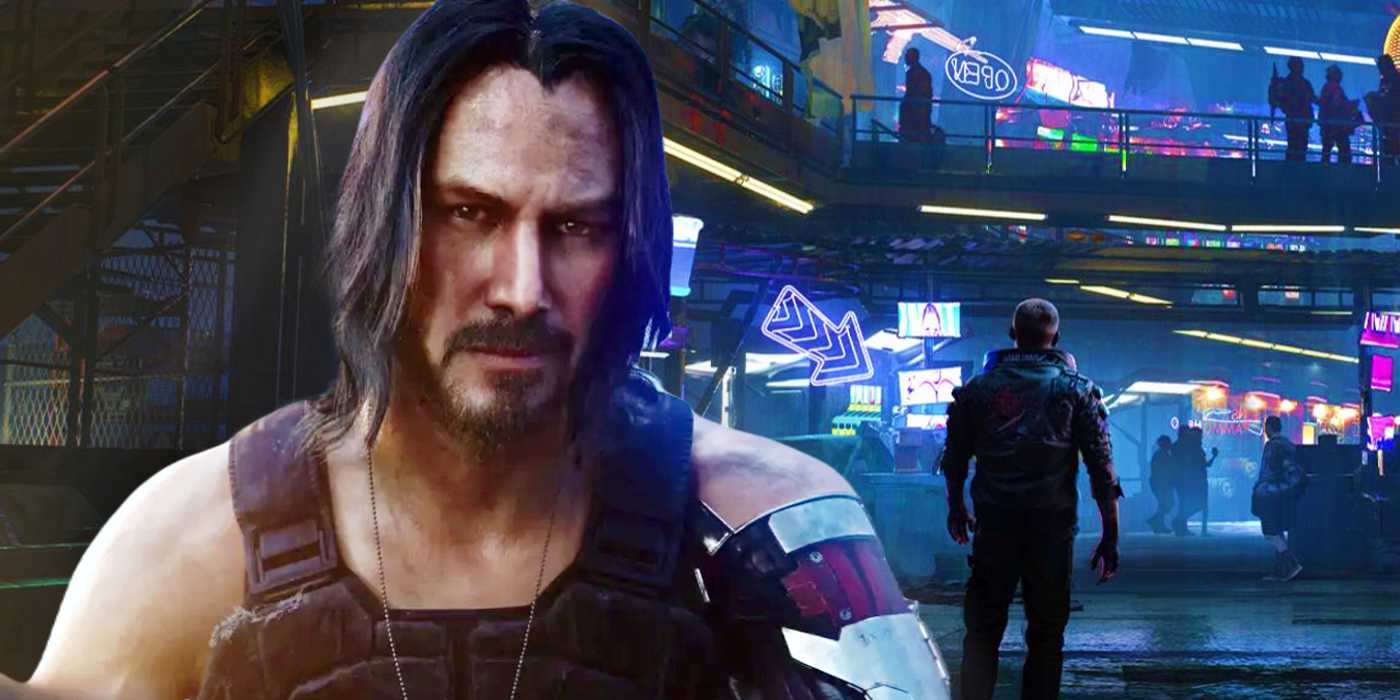 Джонни Силверхенд из Cyberpunk 2077 смотрит в камеру слева, а V идет по Dogtown справа.