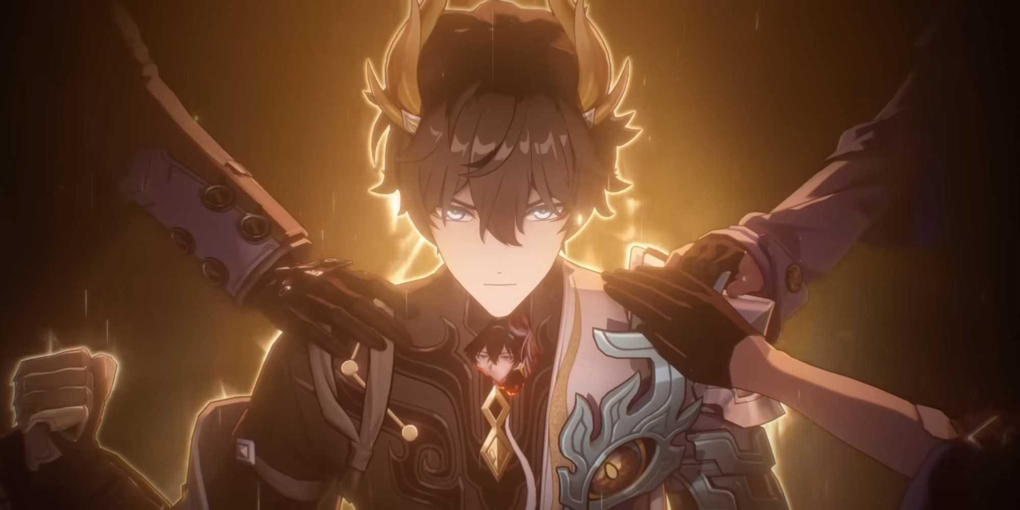 Руки членов Astral Express лежат на плечах Дэна Хэна Пермансора Терра в Honkai Star Rail.