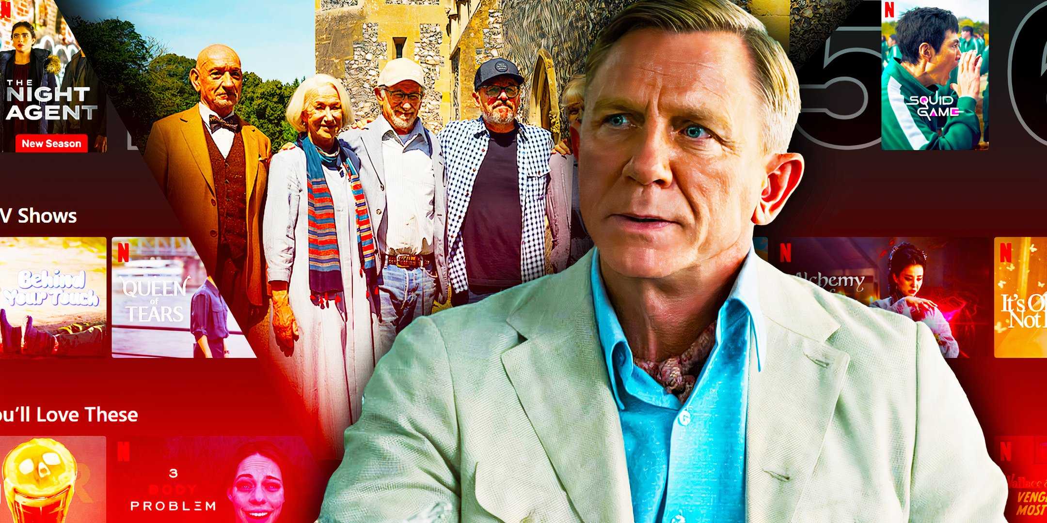 Дэниел Крейг в роли Беноа Блан в «Стеклянном ножике» рядом с актерами «Клуба убийств в четверг» с проектами Netflix на заднем плане