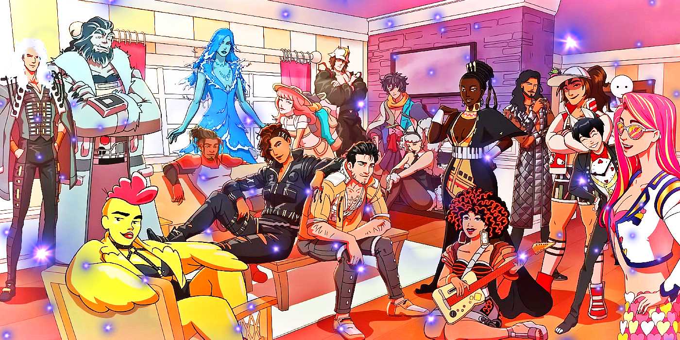 Несколько персонажей из Date Everything собрались в гостиной.