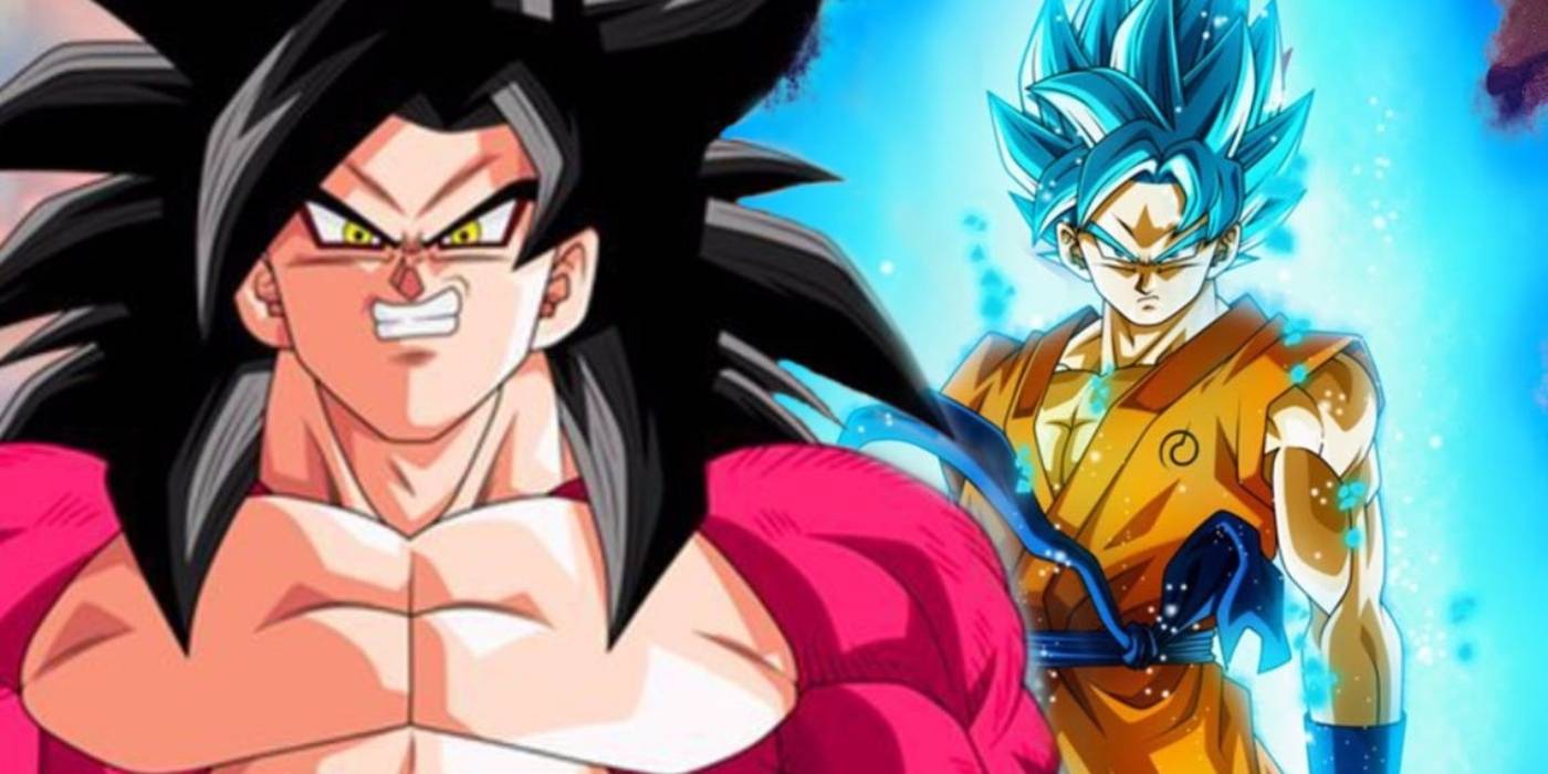 Супер Сайян 4 Гоку из Dragon Ball GT с Супер Сайян Блю Гоку из Dragon Ball Super позади него.