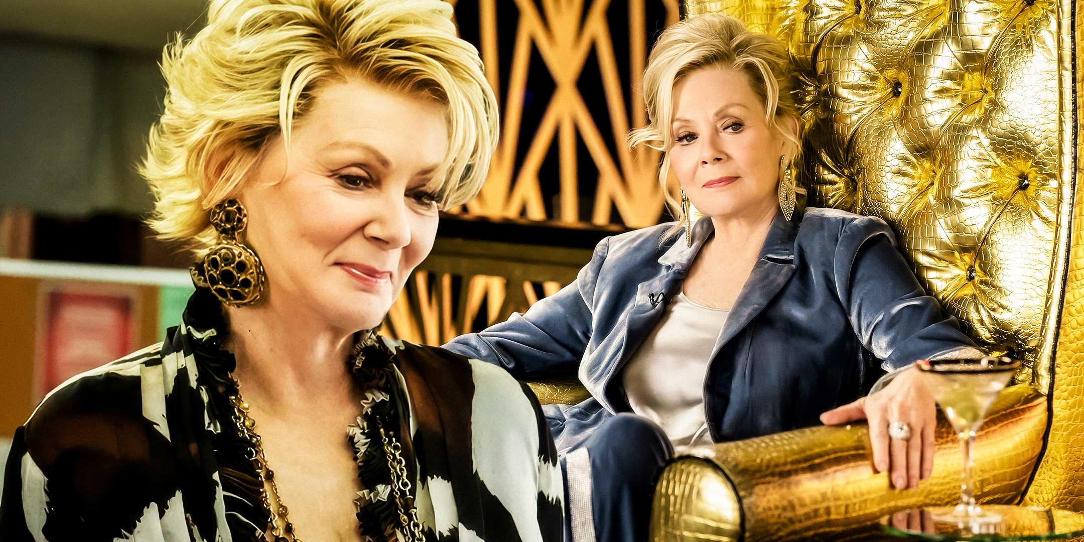 Джин Смарт в роли Дебора Ванс в *Hacks*, улыбающаяся и сидящая в кресле