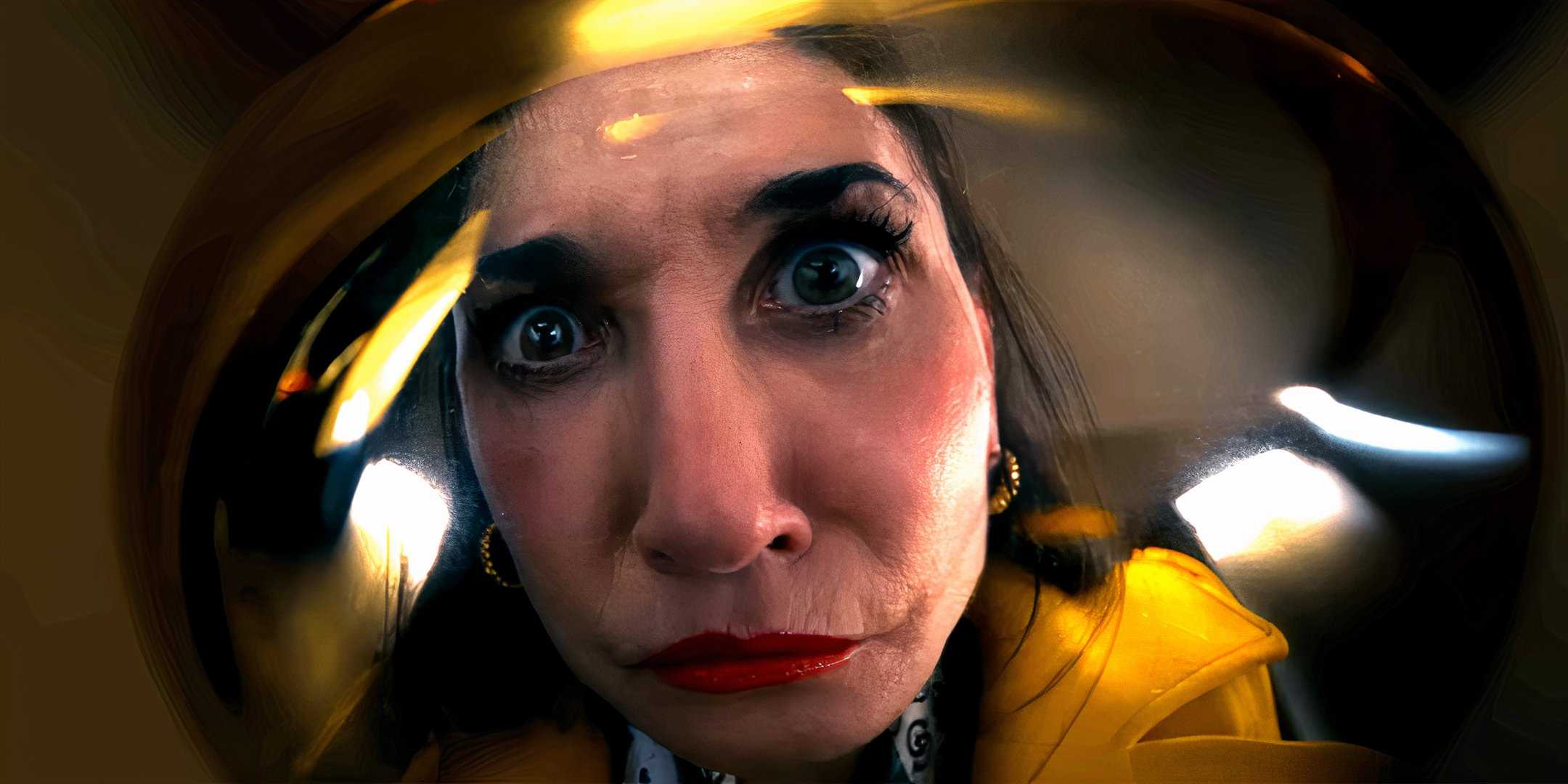 Демь Море в роли Элизабет, пристально смотрящая в отражение в фильме "The Substance"