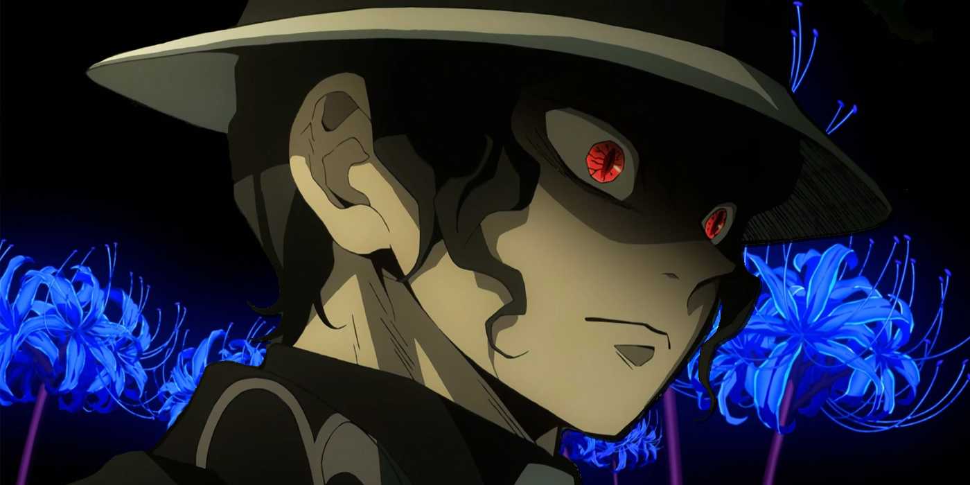 Demon Slayer: Музан Кибутсуджи перед своими синими лилиями.