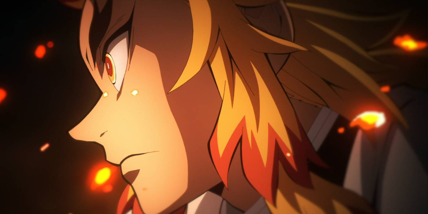 Крупный план Ренгоку из Demon Slayer с окружающими его языками пламени.