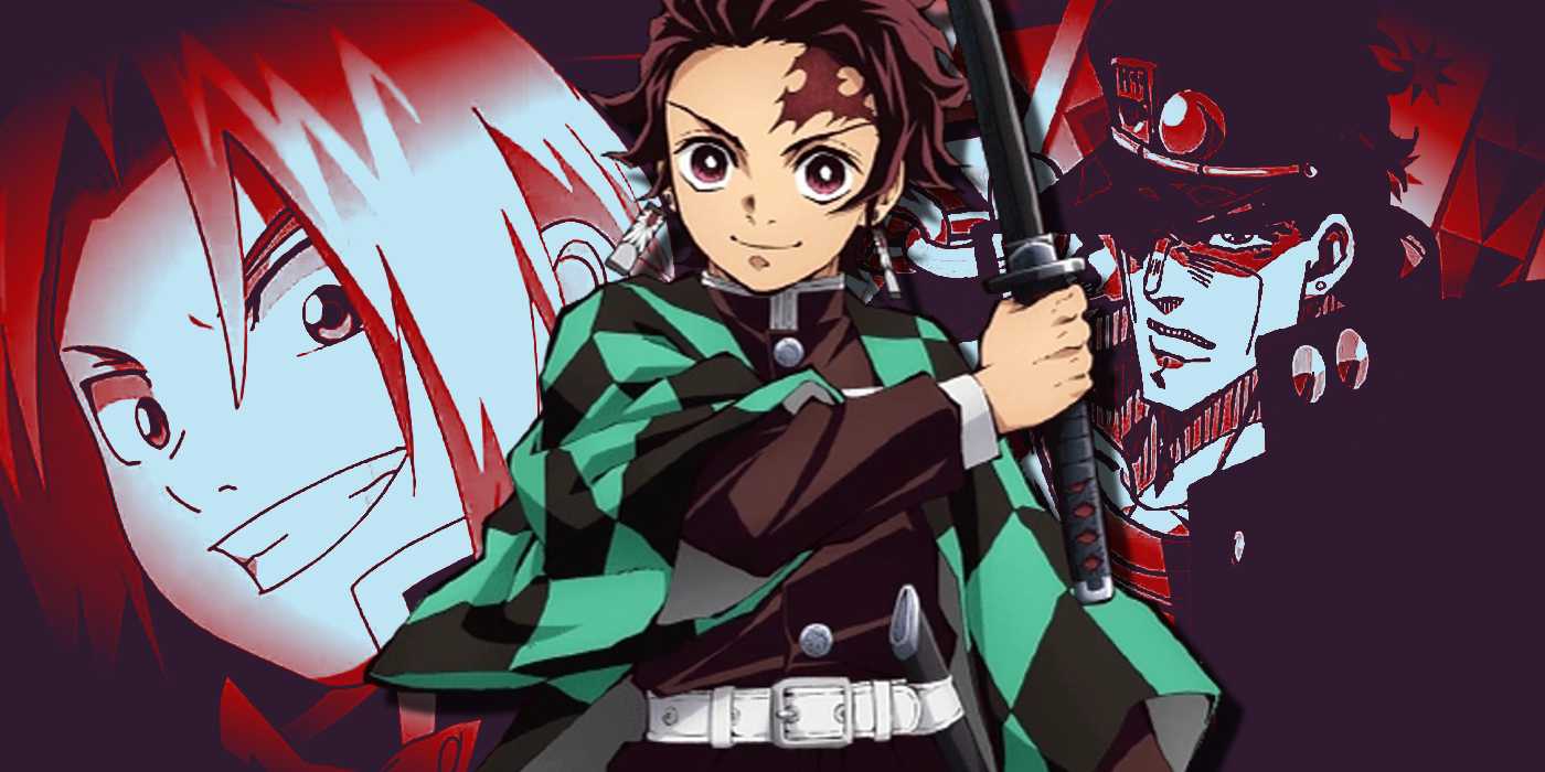 Таджиро из "Demon Slayer", Эдвард из "Fullmetal Alchemist" и Джотаро из "JoJo's Bizarre Adventure" в красном и синем коллаже, где Таджиро находится в переднем плане.