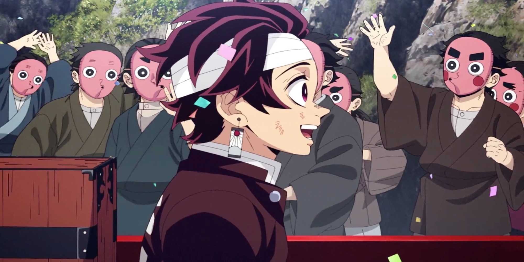 Скриншот из финальной серии 3 сезона "Demon Slayer", на котором Таноси в деревне Свордсмит получает поддержку от жителей.
