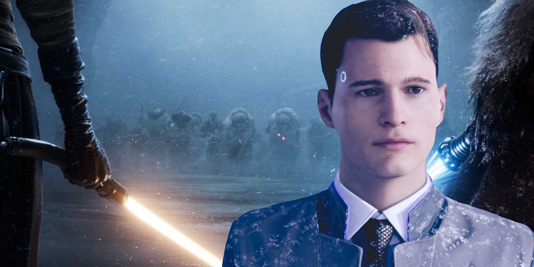 Скриншот из Star Wars Eclipse с двумя джедаями, стоящими перед армией, с изображением Коннора из Detroit: Become Human, наложенным поверх