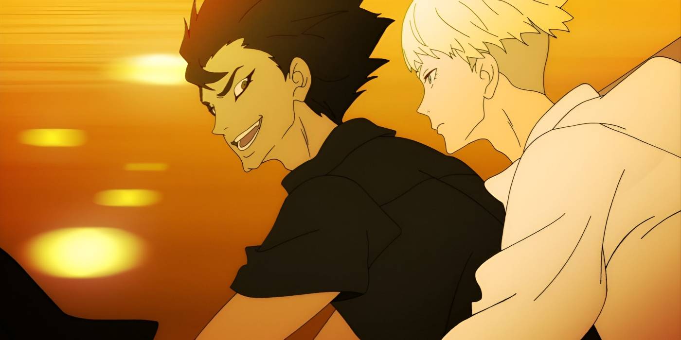 Акира улыбается Рё, когда они едут на мотоцикле из Devilman Crybaby.