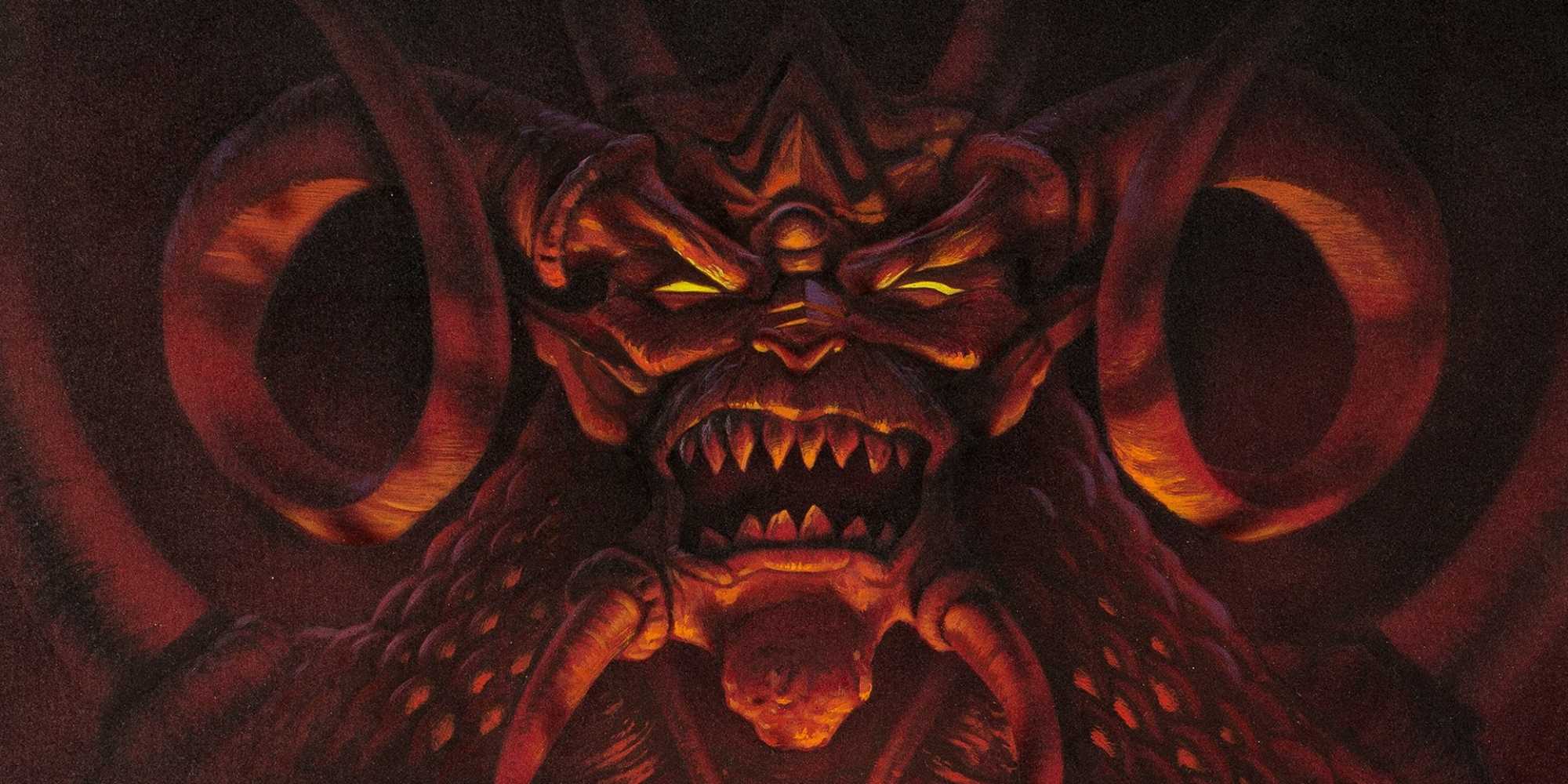 Обложка Diablo изображает демона, выглядящего угрожающе.