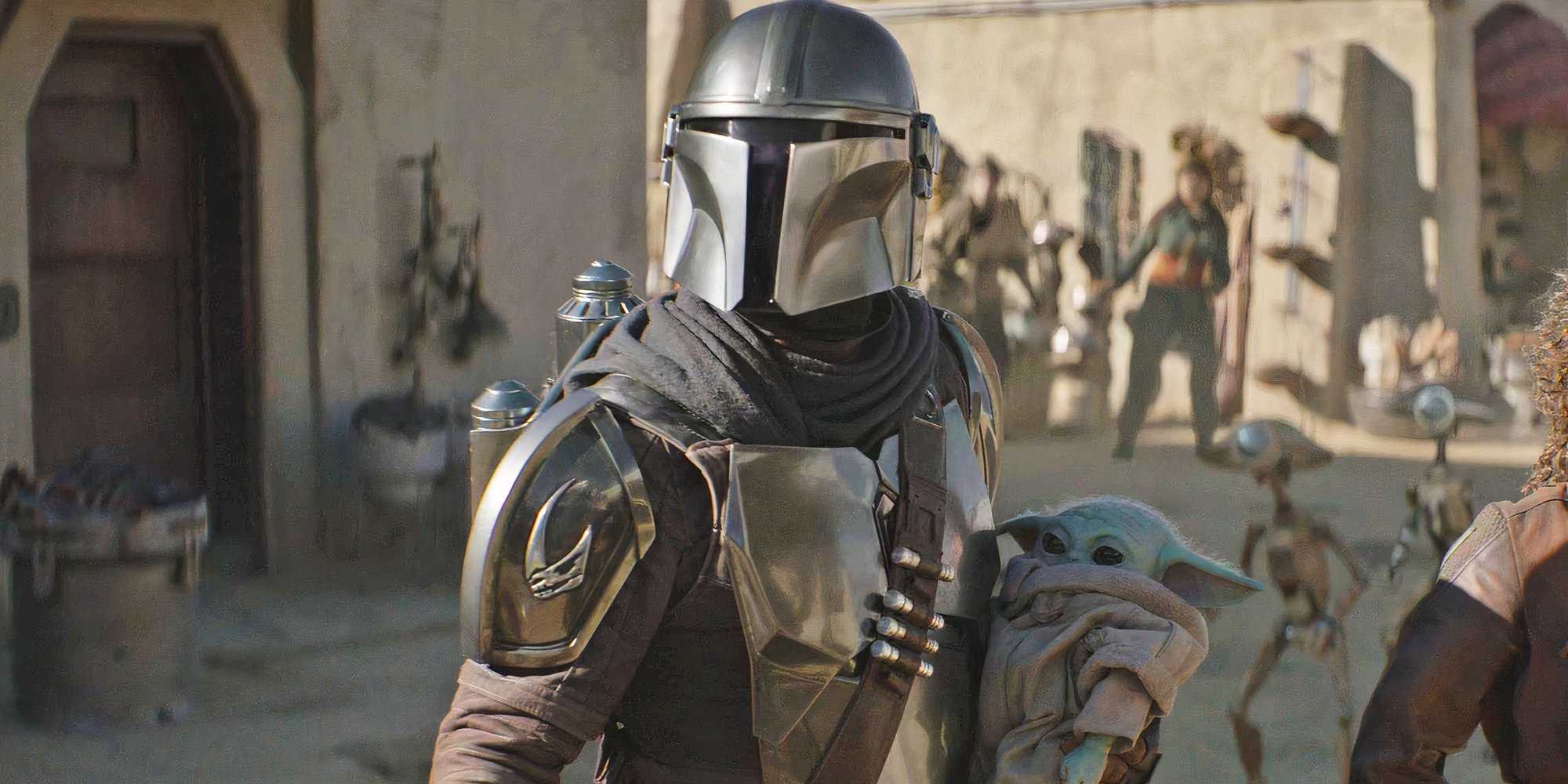 Дин Джарин держит Гругу, когда они наблюдают, как Боба Фэт сражается с дроидом в Мосе Эспе.