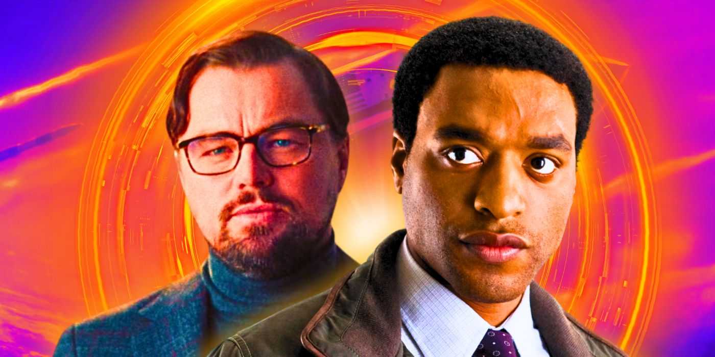 Настраированная коллаж с Леонардо ДиКаприо в роли доктора Рэндолла Минди в фильме "Не смотрите вверх" и Чиветеля Эджиофора в роли геолога Адриана Хелссли в фильме "2012".