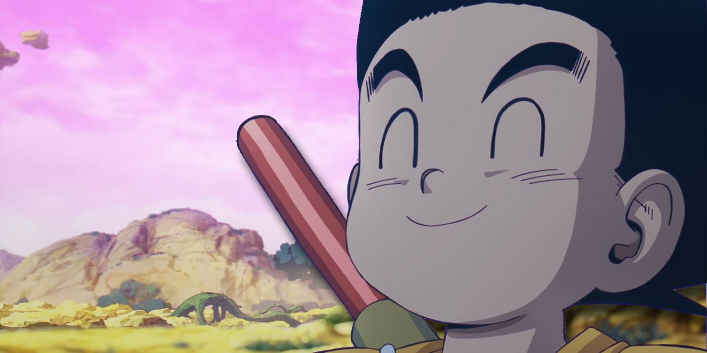 Гоку улыбается перед фоном, изображающим Мир Демонов.