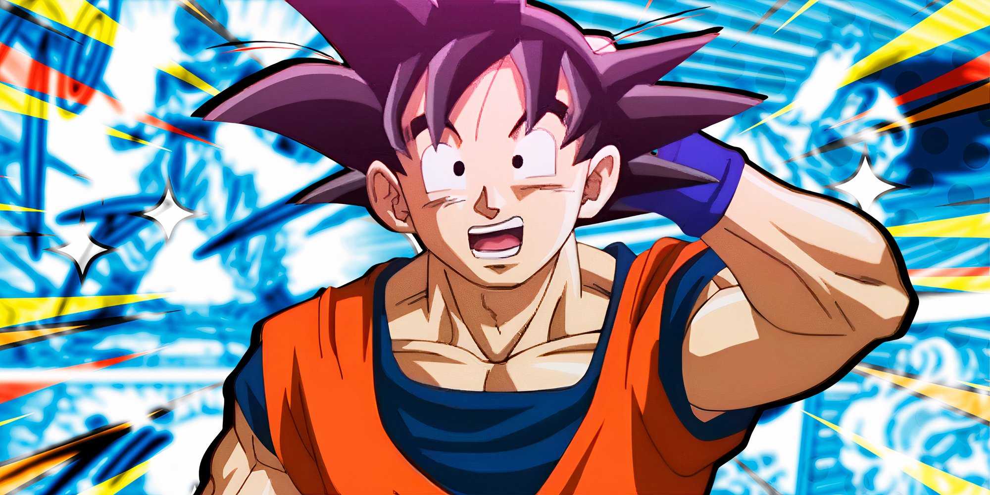 Гоку из Dragon Ball с рукой за головой, удивленный перед синей коллажей.