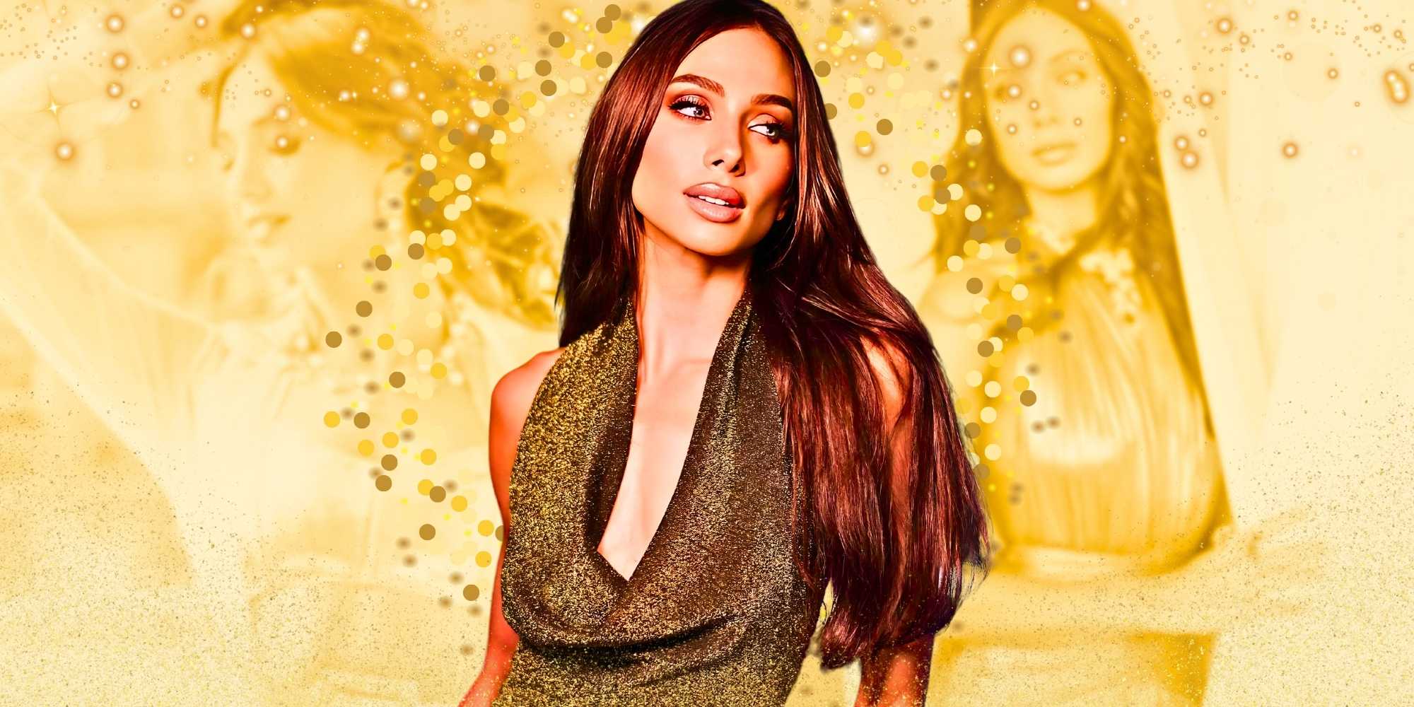 Луджайн Адада в коричневом платье на фоне в стиле шампанского