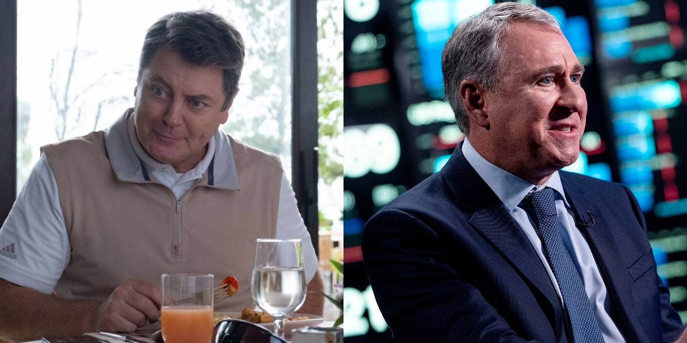 Кен Гриффин в фильме "Dumb Money" рядом с реальным Кеном Гриффином