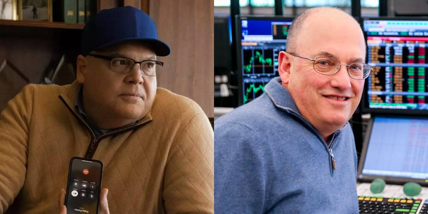 Стив Коэн в фильме "Dumb Money" рядом с реальным Стивом Коэном