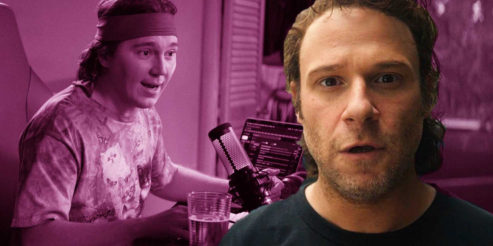 Генеральный директор смотрит на шокированного ютубера в фильме "Dumb Money".