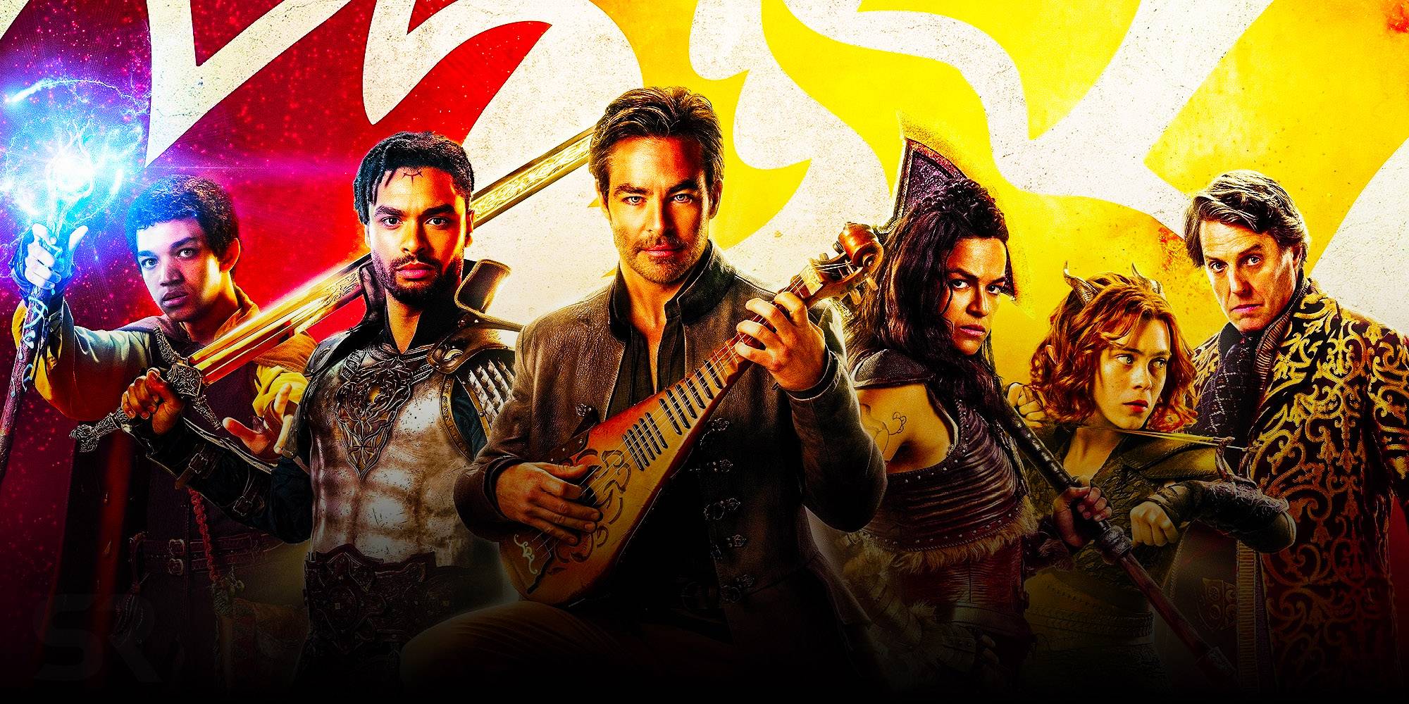 Персонажи Dungeons and Dragons: Honor Among Thieves на фоне красного и желтого.