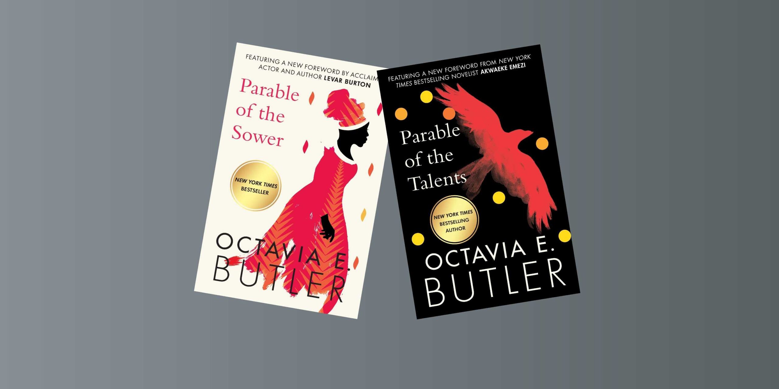 Обложки книг "Parable of the Sower" и "Parable of the Talents" на сером фоне