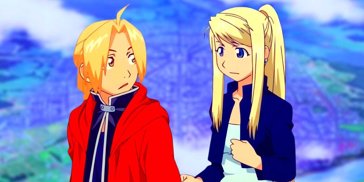 Винри держит Эда за рукав его пальто. За ними видна страна Амestris.