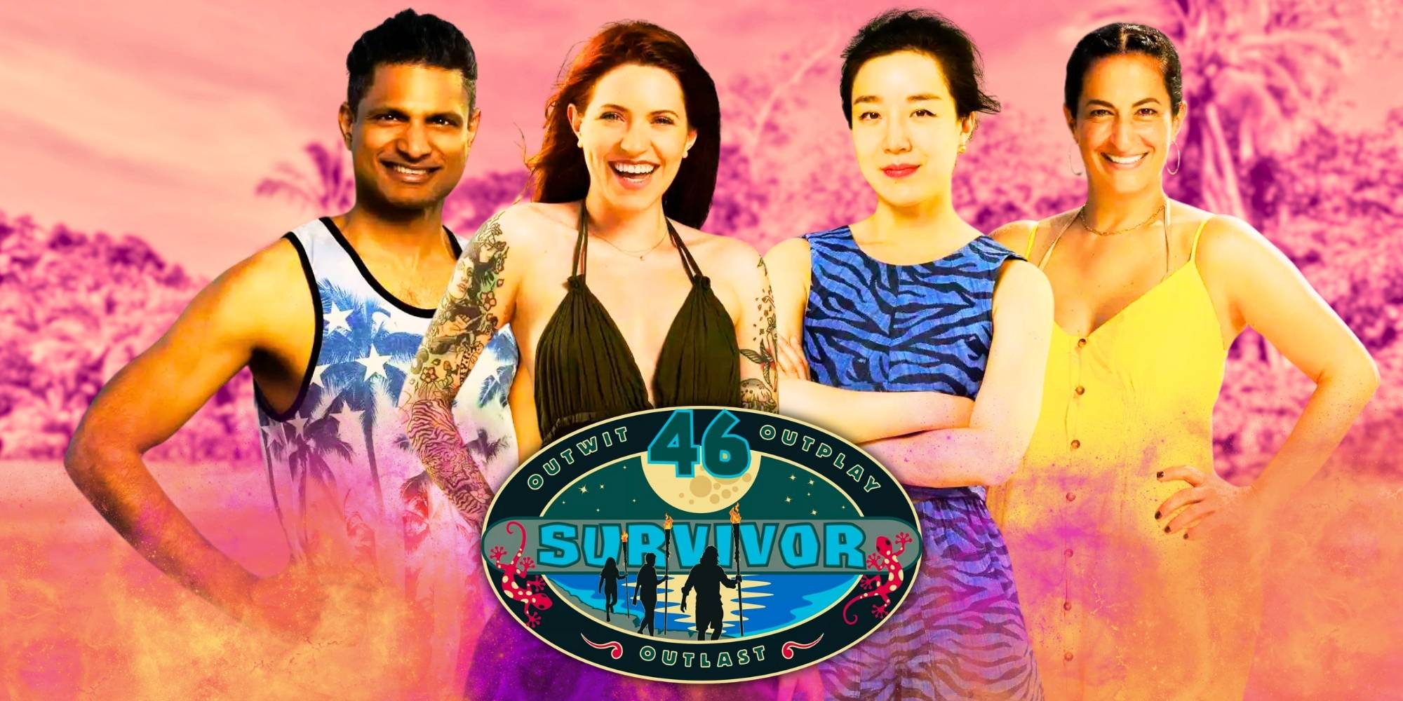 Реклама 46-го сезона *Survivor* с несколькими участниками на заднем плане