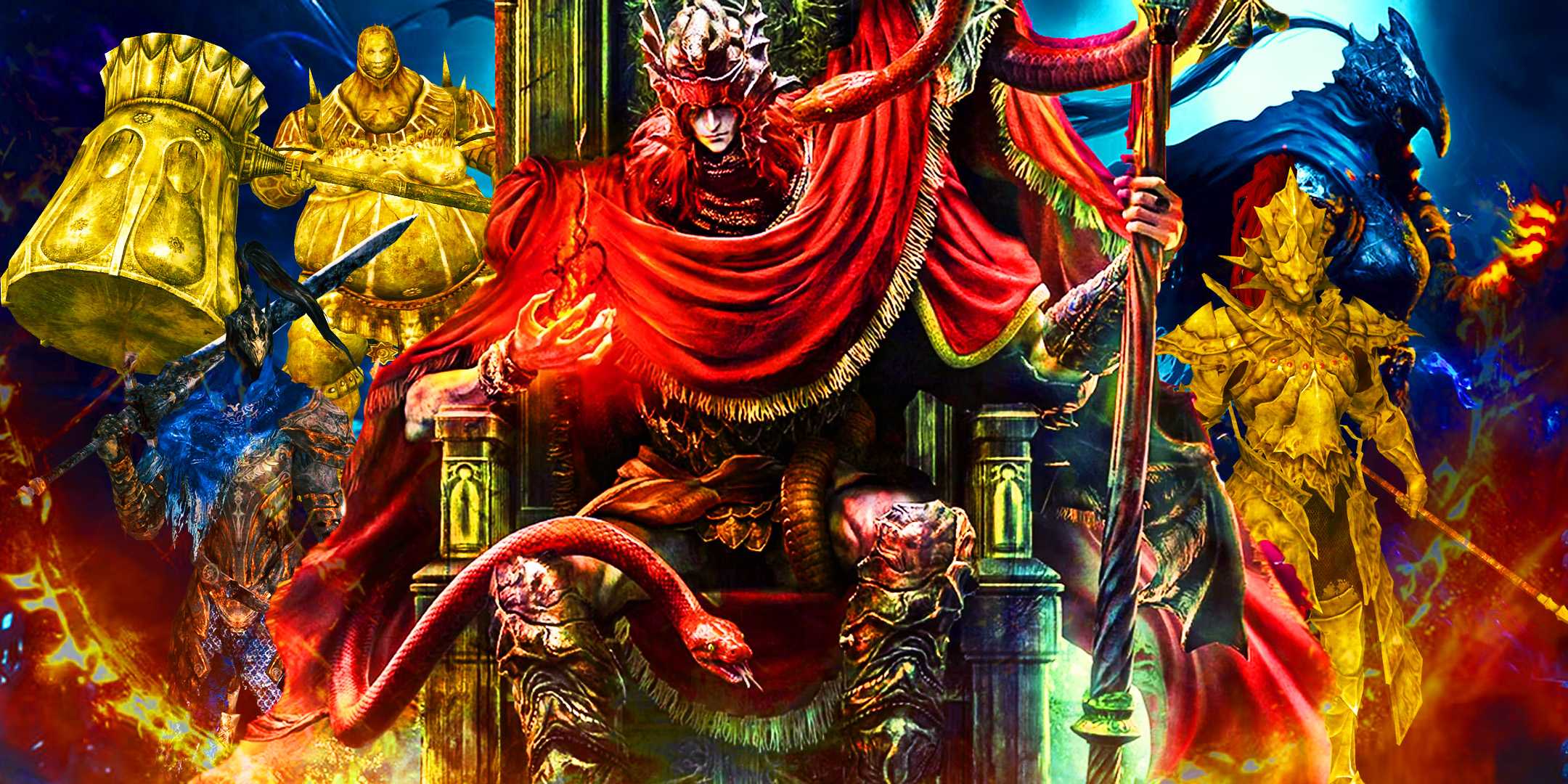 Messmer the Impaler из Elden Ring: Shadow of the Erdtree, сидящий на троне, с Ornstein, Smough и Artorias из Dark Souls, окружающими его на заднем плане.