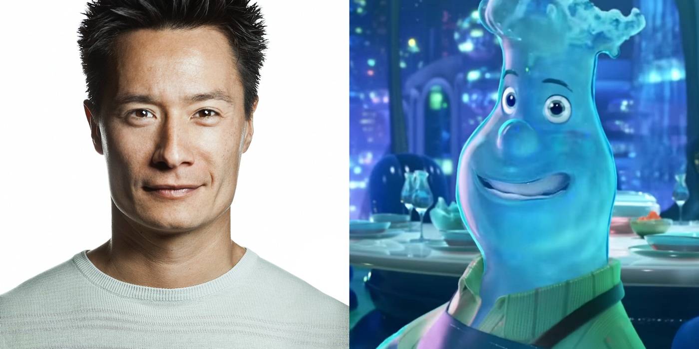 Разделенное изображение Мэттью Янг Кинга и его персонажа Алана Риппа в фильме "Элементаль"