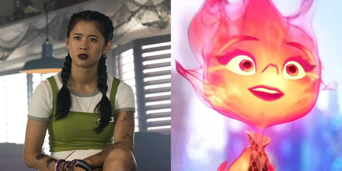 Разделенное изображение Леа Льюис и ее роль в фильме *Elemental* в качестве Эмбер Ламен