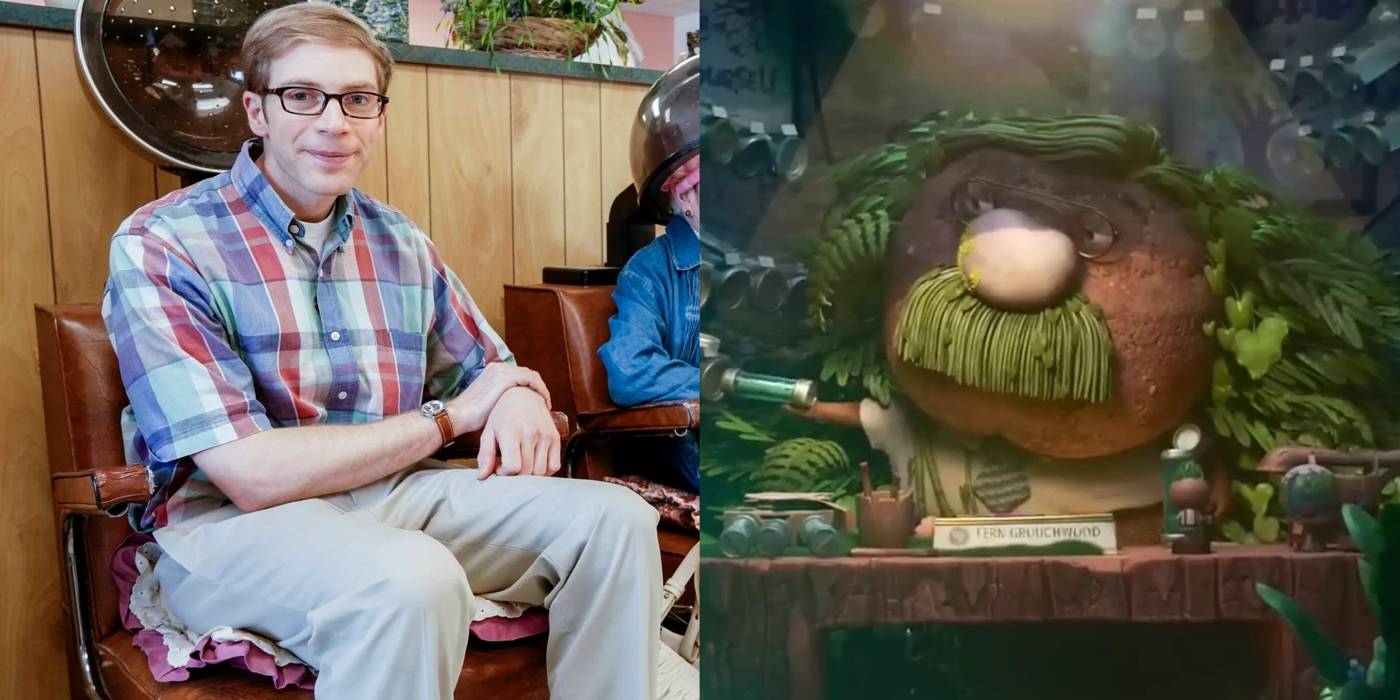 Разделенное изображение Джо Пера и его персонажа Ферна Гручвуда в фильме "Элементаль"