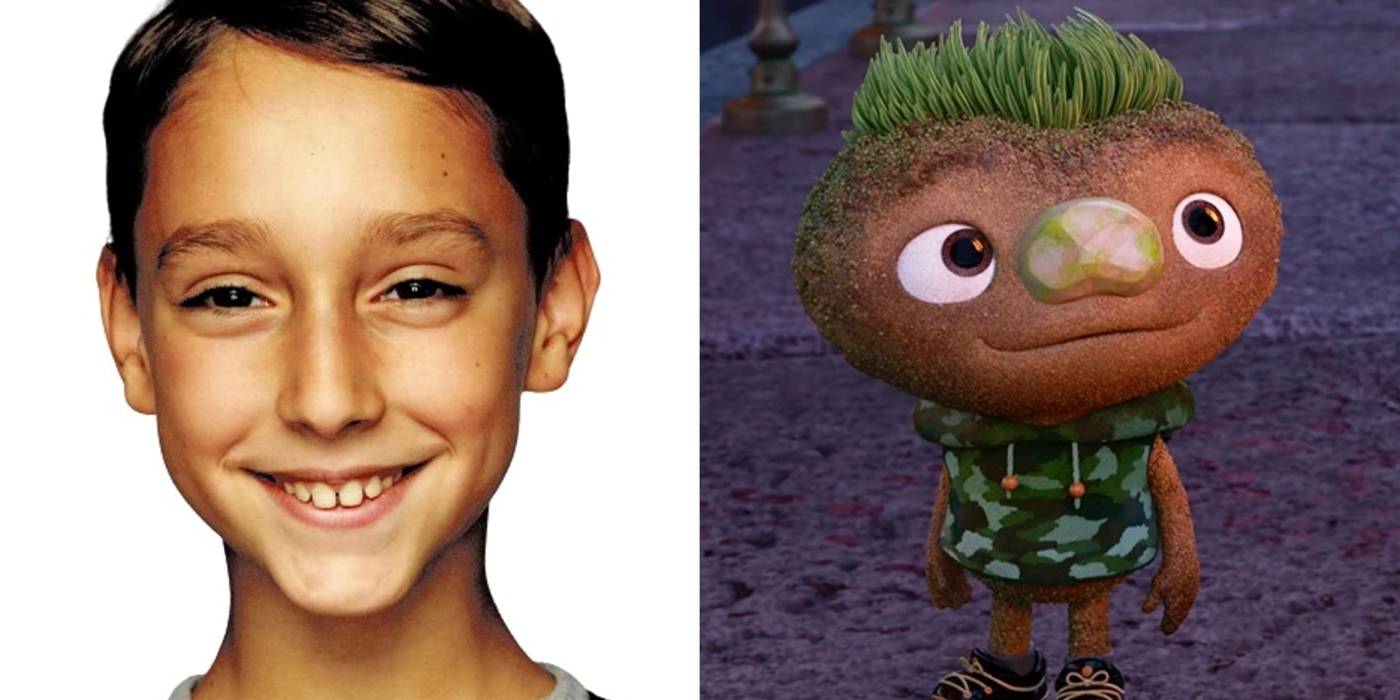 Разделенное изображение Мейсона Вертхаймера и его персонажа Клода в фильме *Элементаль*