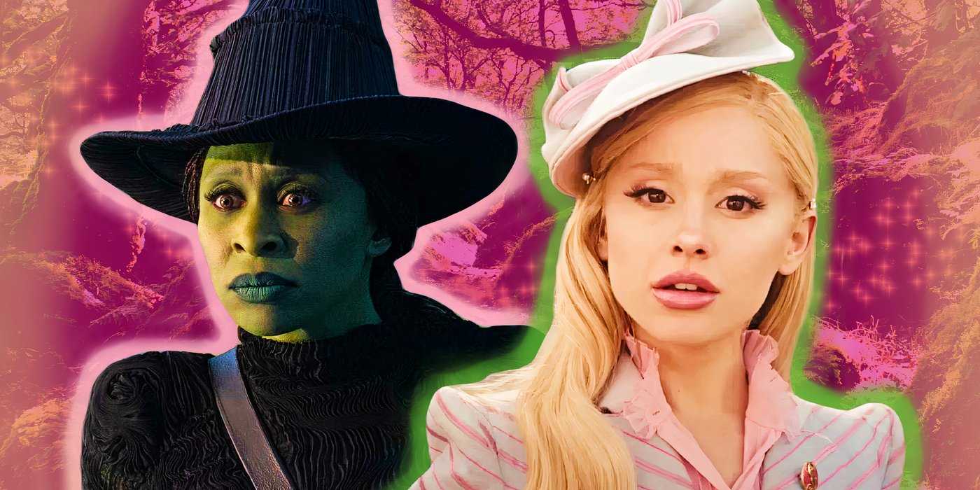 Эльфаба и Глинда из "Wicked" стоят перед розовым волшебным лесом