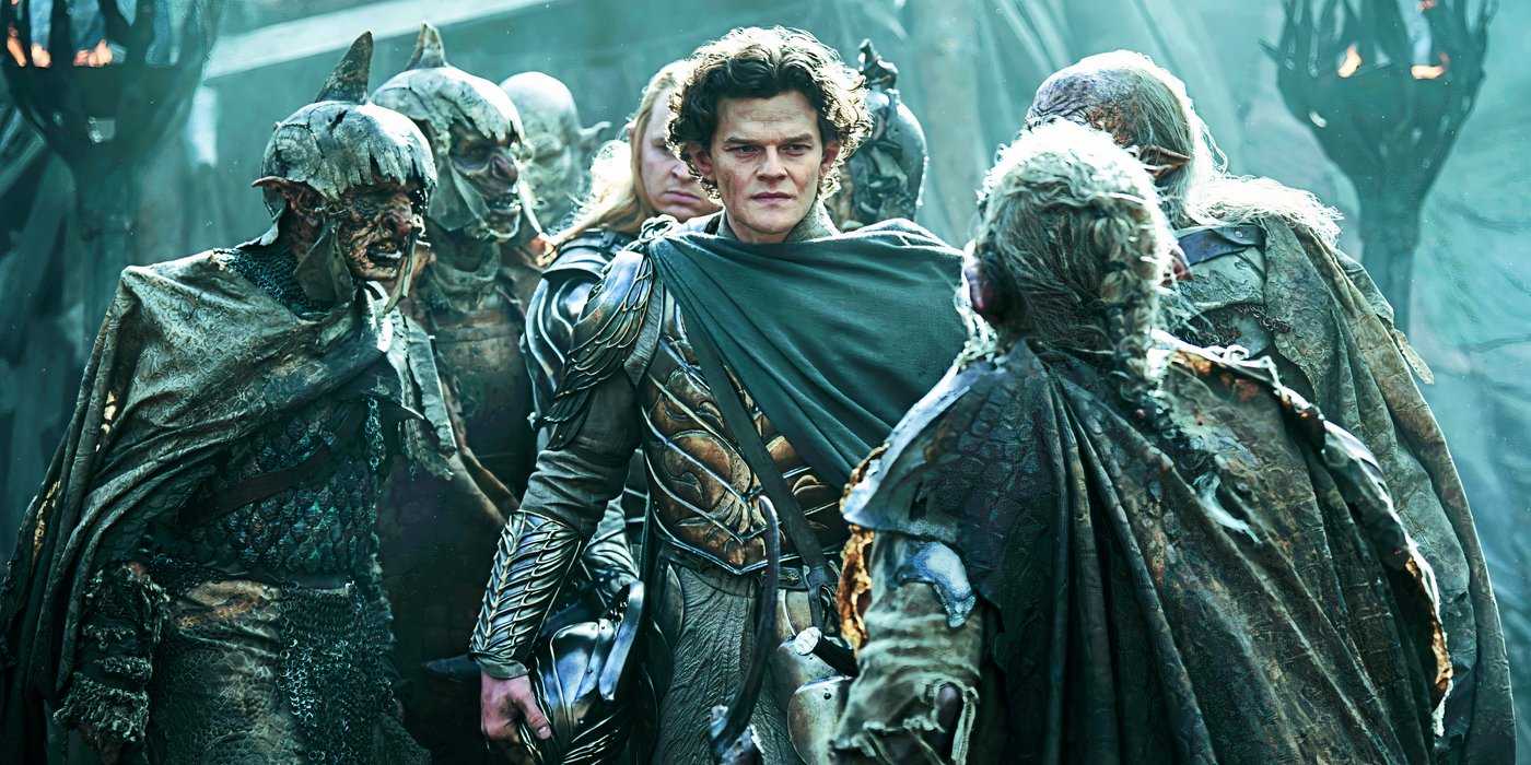 Эльронд стоит среди группы орков, грязных от битвы, в Rings of Power