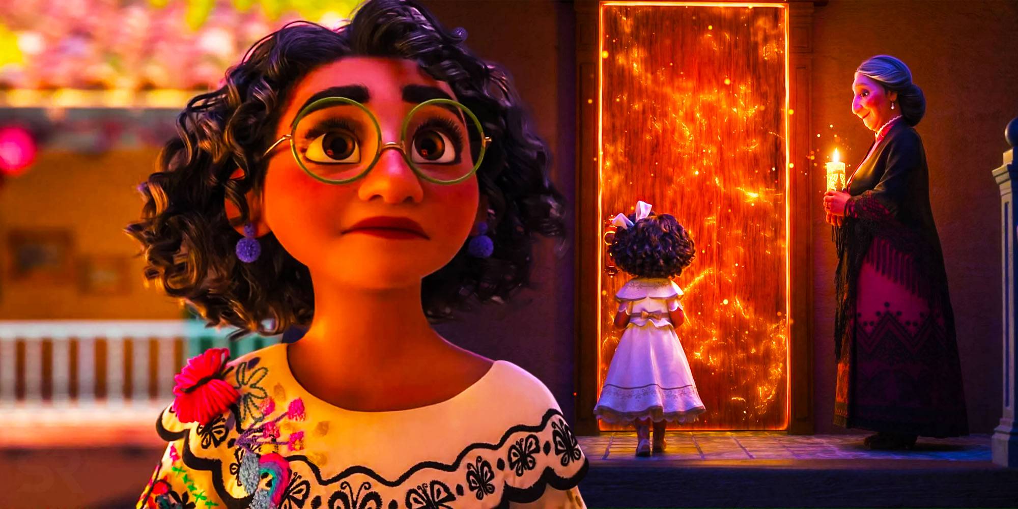 Скомбинированное изображение Мирабель, смотрящей вверх, и молодой Мирабель, стоящей перед дверью в *Encanto*
