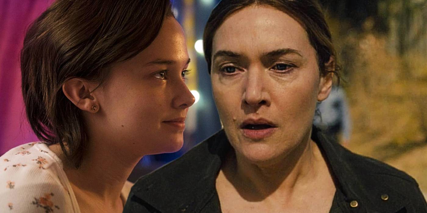 Коллаж с Эрин, смотрящей в сторону, и Мэри, смотрящей вниз в шоке в "Mare of Easttown"