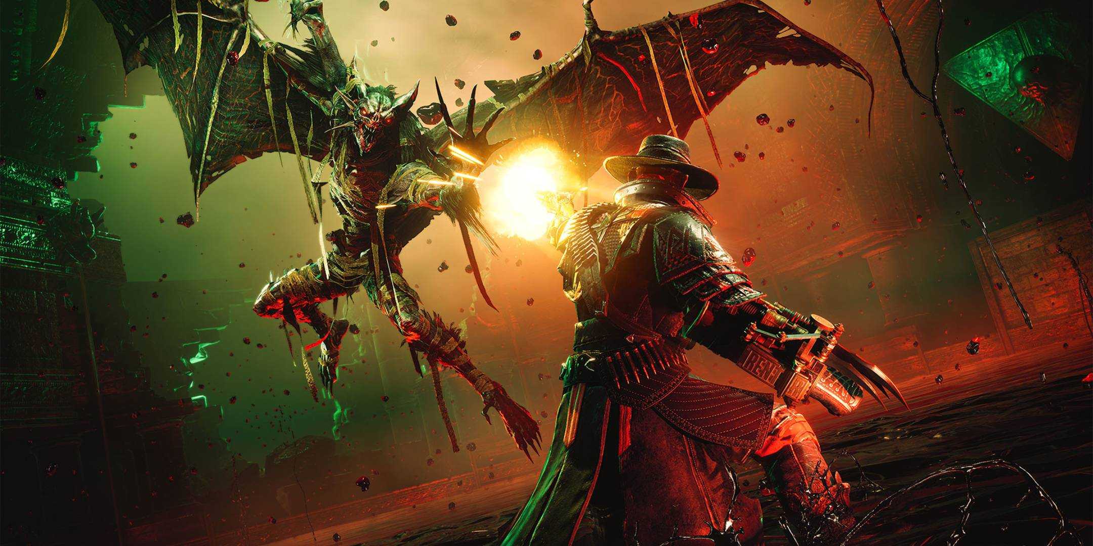 Игрок стреляет в летающего демона в Evil West.