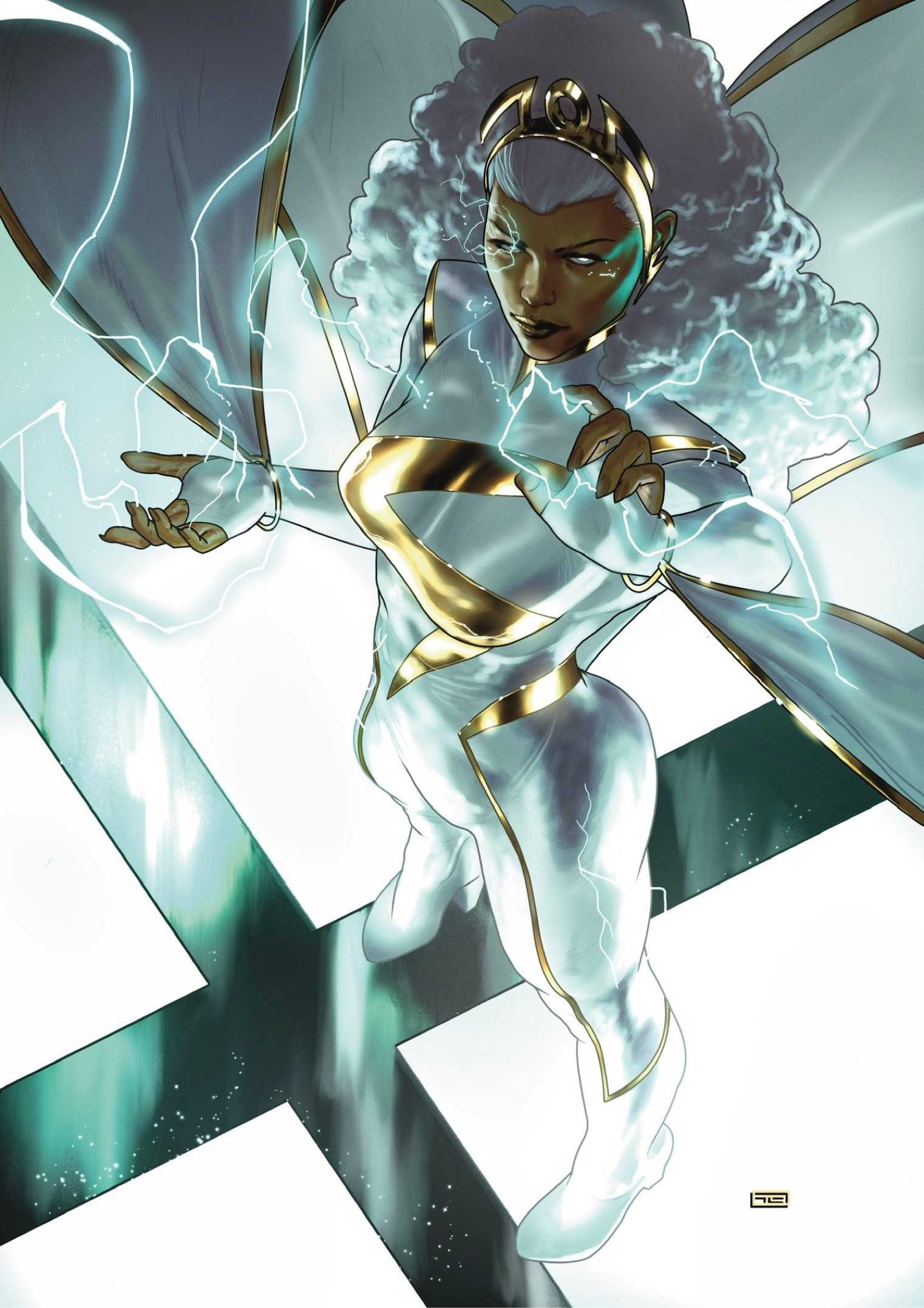 Обложка комикса: Storm в белом и золотом костюме с молниями