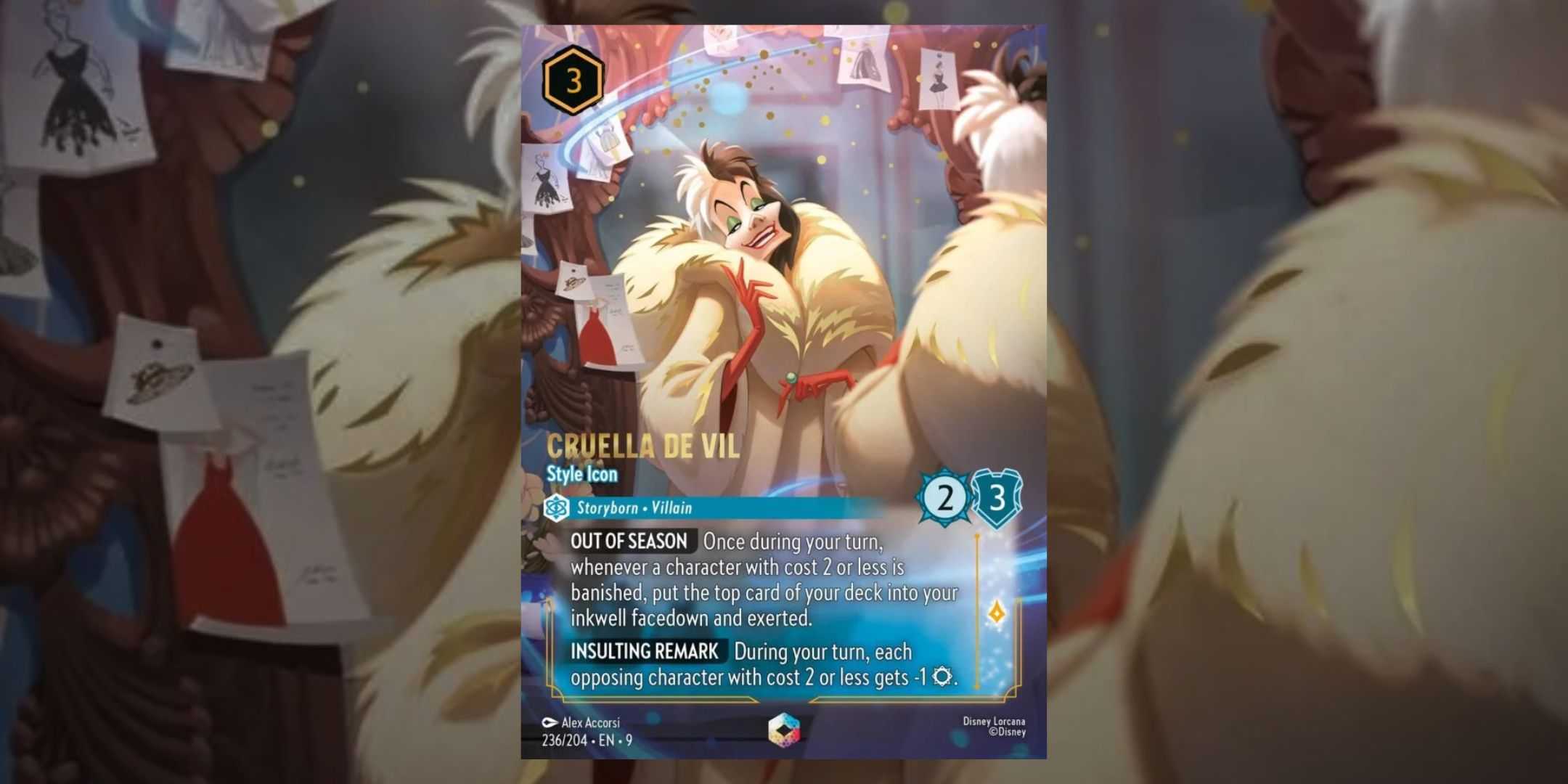 Набор Fabled из Disney Lorcana с волшебной картой Крюэллы в центре