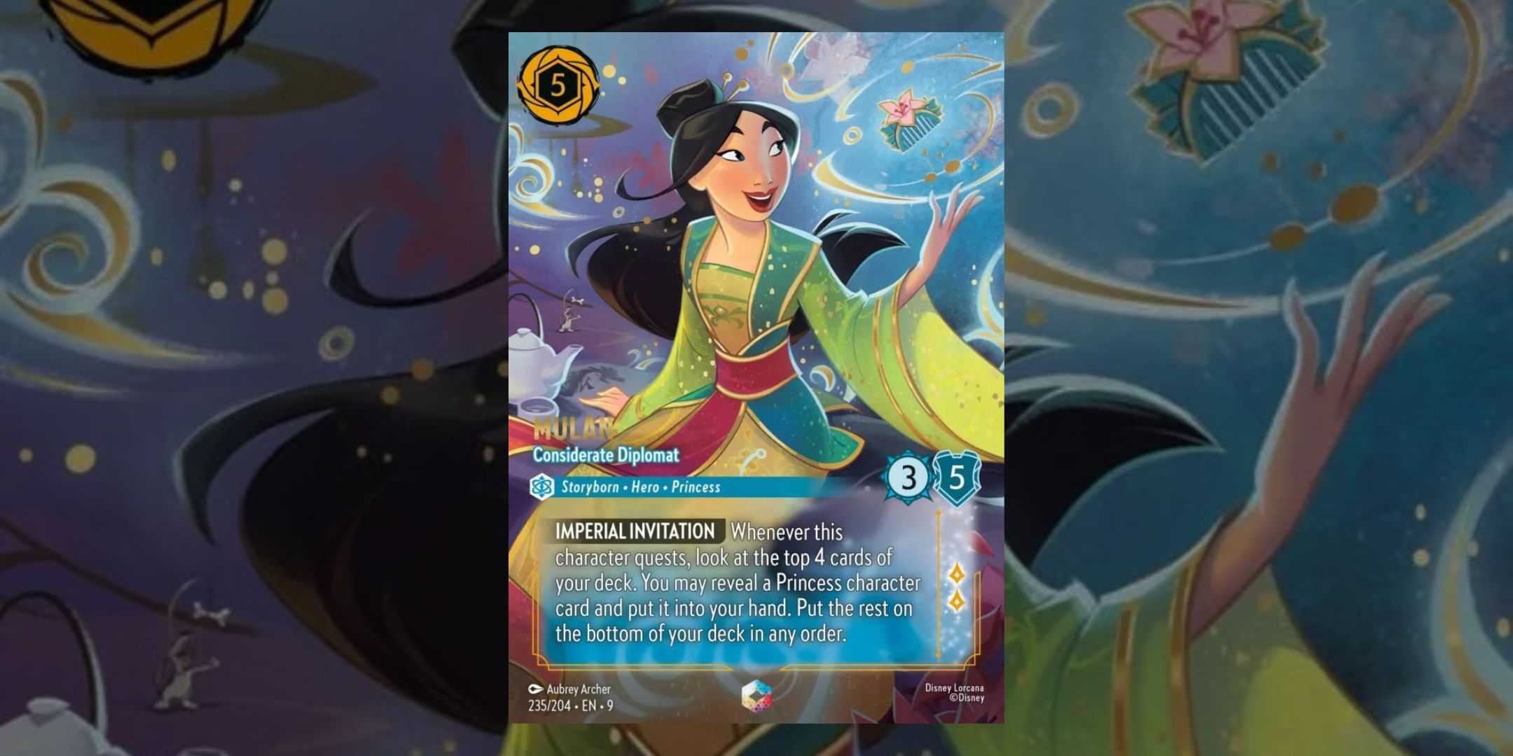 Набор "Fabled" от Disney Lorcana с "Очарованной" картой для Мулан в центре