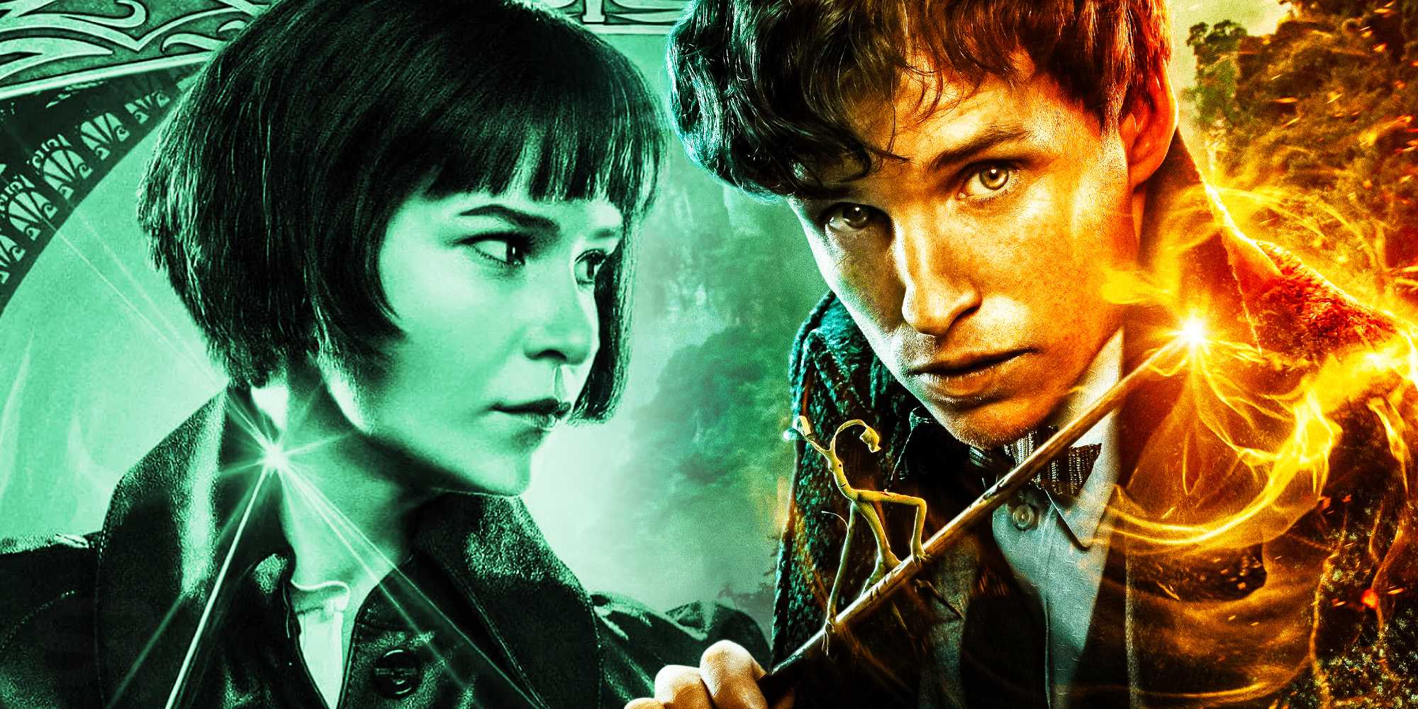 Композитное изображение Тины и Ньюта из обрезанных постеров "Фантастические твари"
