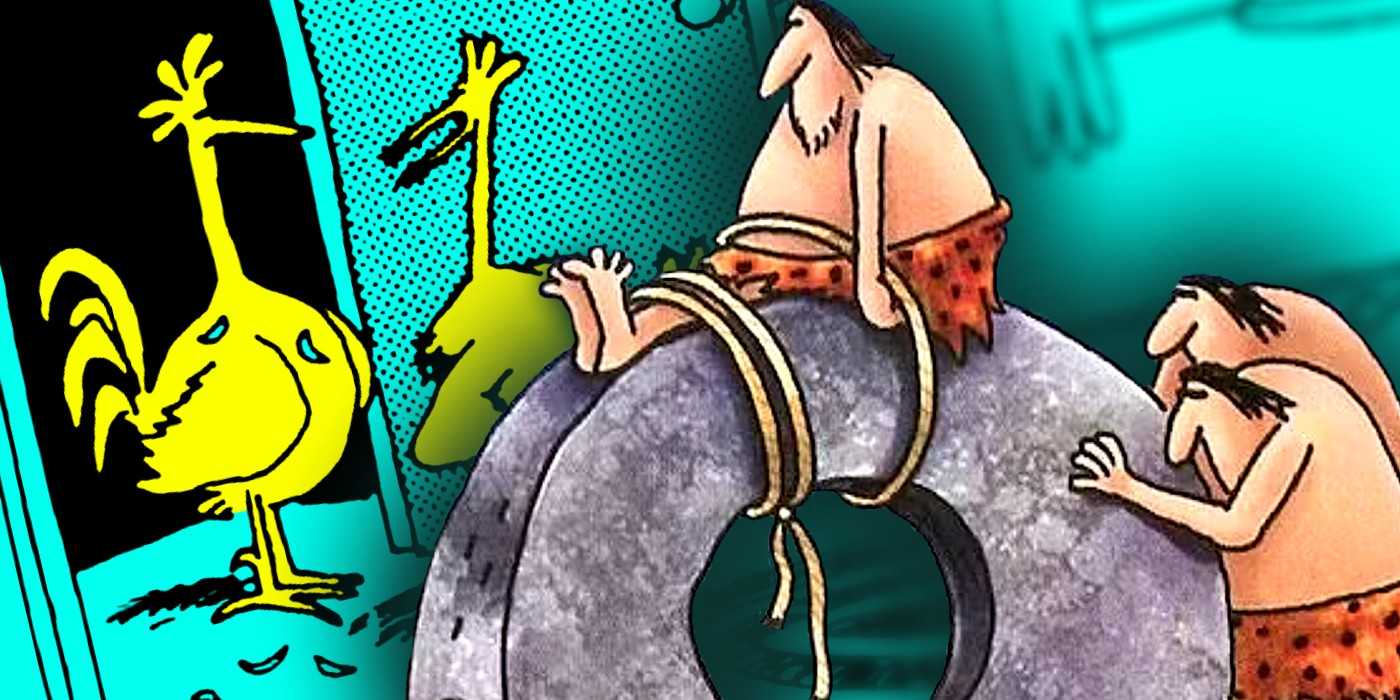 Far Side: пещерные люди и курицы