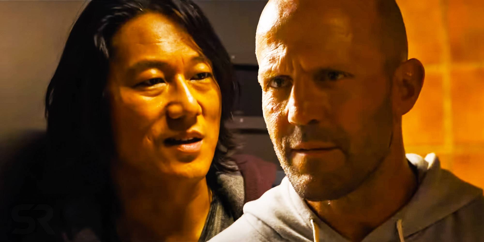 Хан выглядит обеспокоенным рядом с Шоу, который выглядит удивленным в фильме "Фаст X"